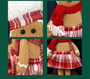 Close-up of gingerbread plush details showing corduroy fabric and knit scarf textures