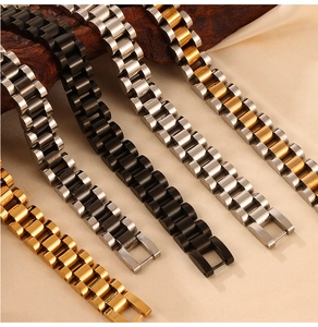 Detailed view of luxury president-style stainless steel watch straps in four metal finishes