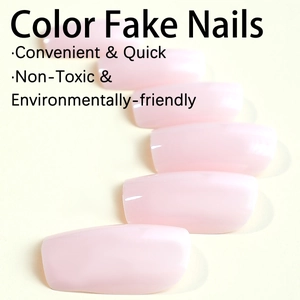 Glossy light pink long square press-on nails set with minimalist mirror finish