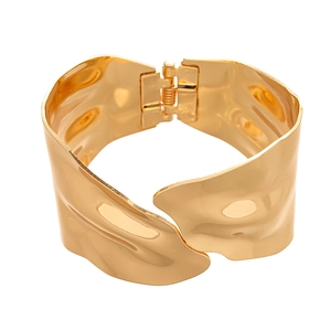 Minimalist wide gold irregular wavy textured open bangle bracelet with hinge