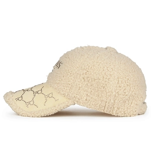 Beige faux fur teddy baseball cap with sparkling rhinestone embroidery and Paris logo