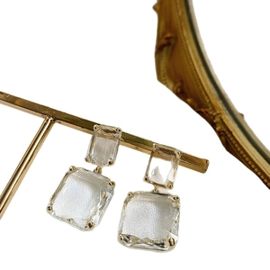 Geometric square crystal drop earrings with silver needle in elegant gold mounting