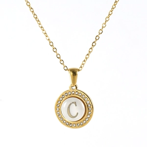 Golden stainless steel necklace with diamond-encrusted shell pendant featuring letter C