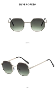 Octagonal silver metal sunglasses with green gradient lenses shown from multiple angles