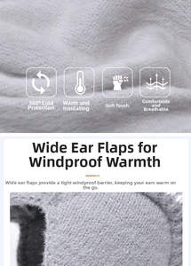 Detail of grey winter knit hat featuring wide ear protection and 360-degree cold insulation