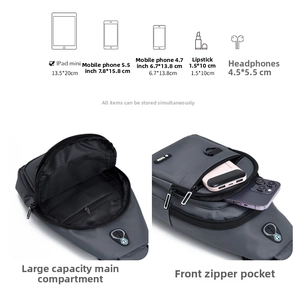 Internal capacity display of grey waterproof oxford chest bag holding iPad mini and phones