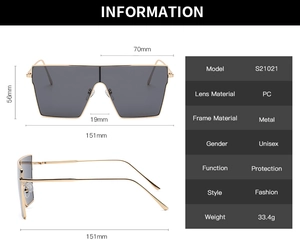 Detailed size chart and material specifications for S21021 square metal sunglasses