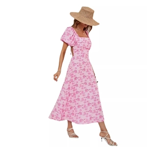 Pink floral maxi dress with puff sleeves and a square neck for a sweet summer style