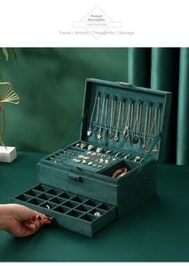 Detailed view of dark green velvet jewelry box with three-layer storage and necklace hooks
