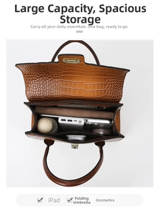 Detailed interior of a brown crocodile texture tote bag showing its large storage capacity