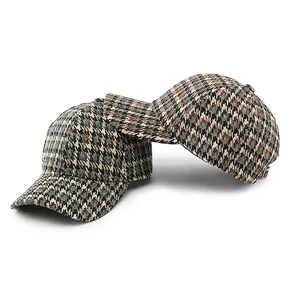 Berretto da baseball vintage in tweed a pied-de-poule con fibbia in metallo regolabile