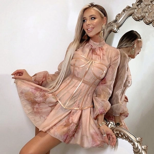 Pink floral chiffon mini dress with corset waist and elegant lantern sleeves