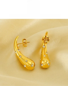 Macro view of water drop earrings in 18K gold plating with sparkling micro diamonds