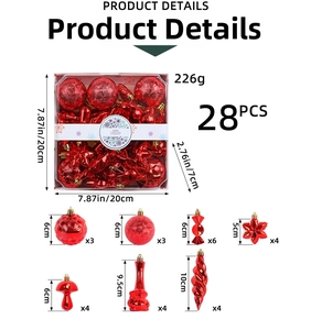 Detailed view of 28pcs red Christmas ornament set with varied shapes and dimensions