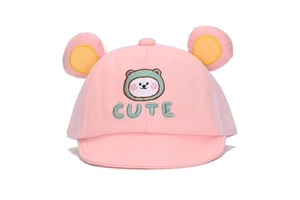 Detail of pink baby baseball cap with embroidered bear, cute 3D ears and mesh panel
