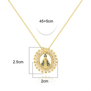 Detailed view of Virgin Mary gold pendant with blue gems and 45+5cm chain specs