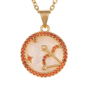 Golden Sagittarius necklace with orange zircons and white mother of pearl pendant