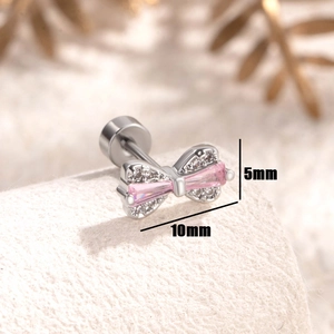 Silver bow knot ear stud with pink zircon and 10mm titanium steel screw post