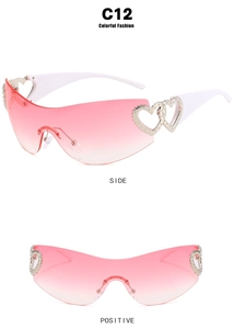 Pink gradient oversized rimless sunglasses with silver heart-shaped metal temple details