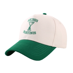 Retro baseball cap in cream and green with embroidered bikinis and martinis lettering