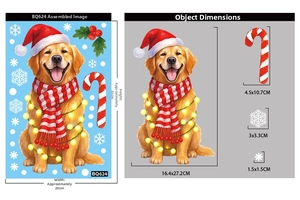 Christmas static stickers set featuring golden retriever with dimensions and snowflake details