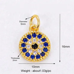 Detail of evil eye pendant with dimensions showing 10mm diameter and gold plating