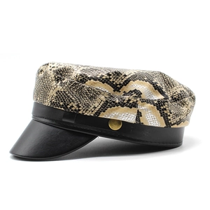 Fashionable flat top snakeskin pattern military cap with black leather brim and gold button