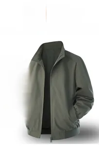Detail of army green bomber jacket featuring stylish stand collar and ribbed cuffs design
