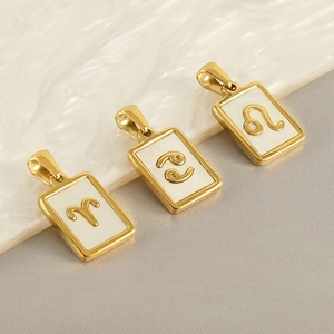 Zodiac Sign Pendant Necklace Gold Plated Stainless Steel White Shell Rectangular Constellation Jewelry For Women