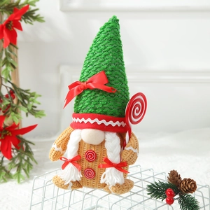 Handcrafted Christmas gnome plush with green knit hat and red bow for holiday home decor
