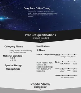 Detailed size chart for cotton G-string showing 95% cotton fabric and M L XL dimensions