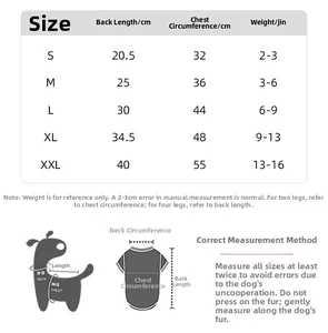 Detailed size chart for breathable dog apparel with back length and chest measurements