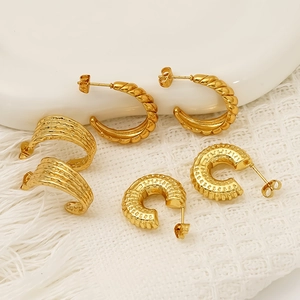 Vintage Geometric C-Shaped Hoop Earrings 304 Stainless Steel Gold Plated Waterproof Niche Minimalist Style For Women