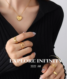 Detail showing gold heart pendant necklace with rhinestones and branded designer rings