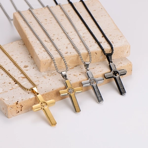 Minimalist stainless steel cross pendants with scripture in gold, silver, and black