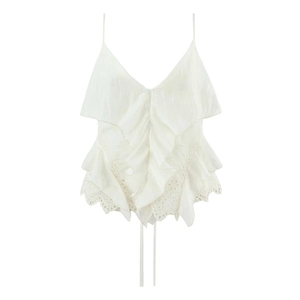 French style white ruffled camisole with hollow embroidery and lace-up hem