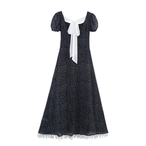Elegant French style black polka dot dress with back bow tie and white lace hem