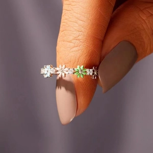 Elegant floral enamel ring with zircon accents in blue, pink and green for women