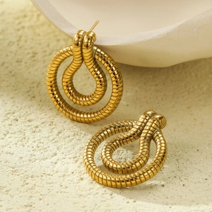 18K gold plated stainless steel hoop earrings with textured spiral snake pattern