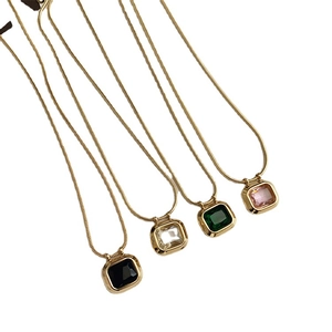 Titanium steel square zircon necklaces in four colors with elegant golden snake chains