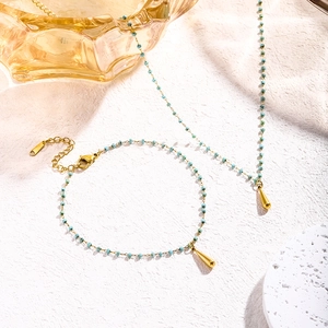 Titanium Steel Teardrop Pendant Necklace For Women Light Luxury Gold Plated Rice Bead Chain Minimalist Jewelry Accessory
