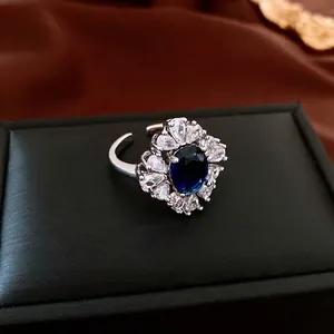 Vintage French Court Style Adjustable Ring Copper With Blue Oval Zircon And Teardrop Zircon Elegant Jewelry For Women