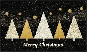 Detailed pattern of five gold geometric Christmas trees and Merry Christmas text on black mat