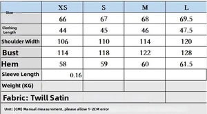 Detailed size chart for printed satin shirt showing measurements for XS to L sizes
