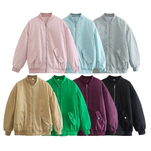 Women's oversized baseball bomber jackets in seven colors with zip closure and ribbed trim