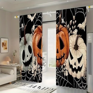 Detail of Halloween curtains featuring orange pumpkins and spider webs in a modern living room