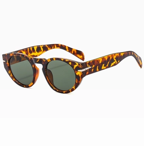 Close-up of tortoise shell sunglasses frame with green lenses and metal hinge detail
