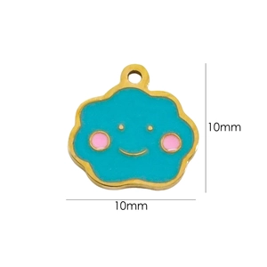 Macro shot of a 10mm blue enamel cloud pendant with a gold smiley face and 14K plating