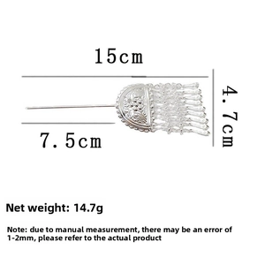 Detail view of ethnic silver hair pin with tassels showing dimensions of 15cm length