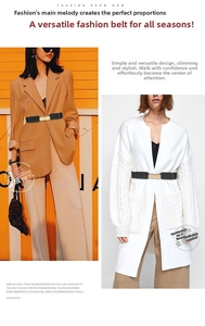Elastic waist belt with gold interlocking buckle styled on blazers and cardigans